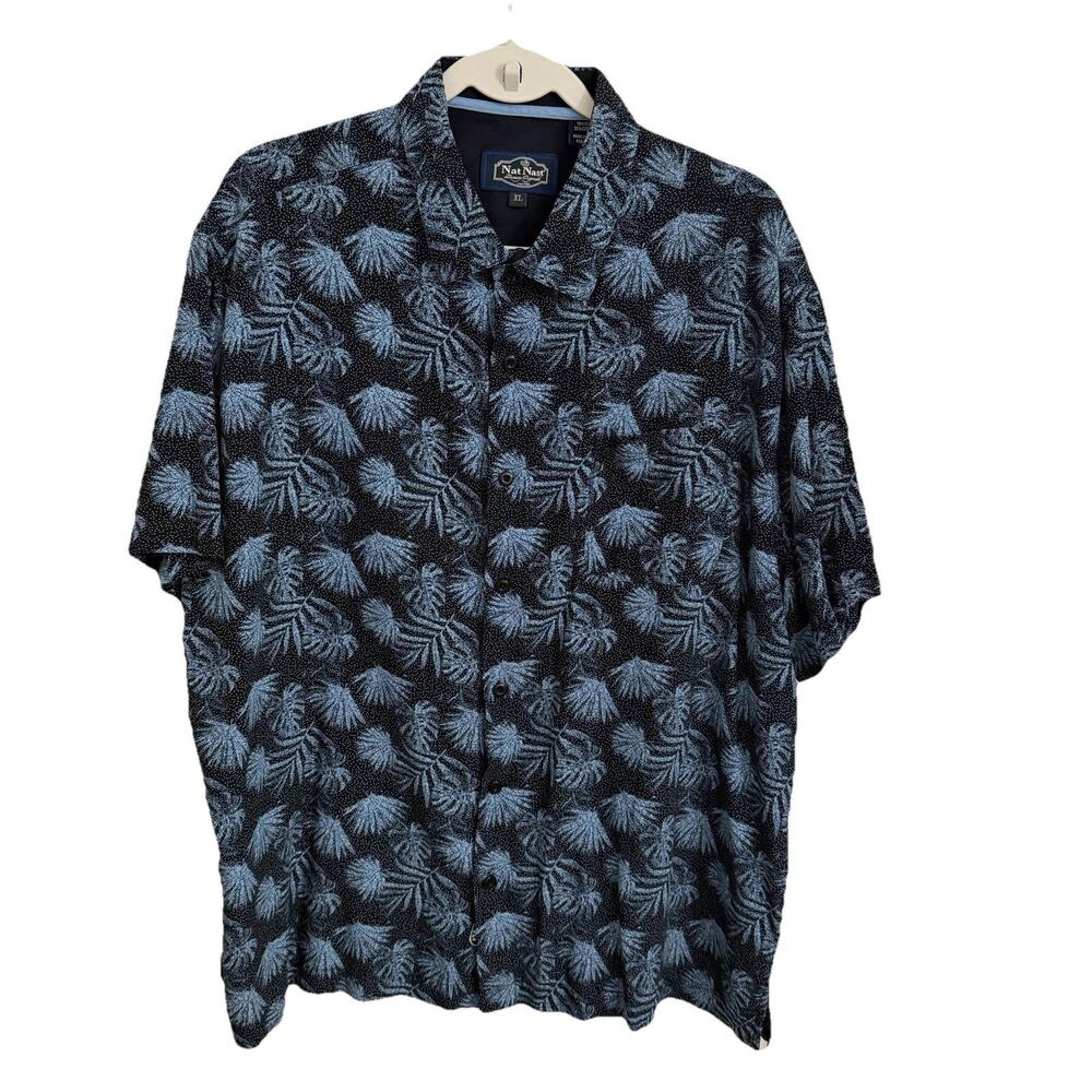 Nat Nast Shirt XL Floral Blue Black Silk Cotton Short Sleeve Button Down Resort